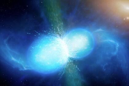 06/04/2022 Impresión artística de estrellas de neutrones fusionándose, produciendo ondas gravitacionales y dando como resultado una explosión de kilonova.  Un tipo masivo y exótico de estrella de neutrones podría formarse mediante la fusión de dos estrellas de neutrones y evitar convertirse en un agujero negro, al menos temporalmente.  POLITICA INVESTIGACIÓN Y TECNOLOGÍA UNIVERSITY OF WARWICK/MARK GARLICK/CC BY 4.0