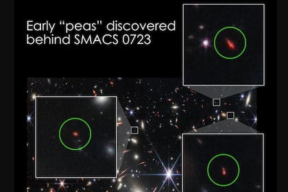 10/01/2023 Un trío de objetos débiles (en un círculo) capturados en la imagen profunda del cúmulo de galaxias SMACS 0723 del telescopio espacial James Webb exhiben propiedades similares a cercanas galaxias pequeñas raras llamadas "guisantes verdes" POLITICA INVESTIGACIÓN Y TECNOLOGÍA NASA, ESA, CSA, AND STSCI