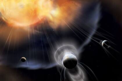 13-12-2021 Representación artística de un sistema de exoplanetas que experimenta un escape atmosférico en relación con su estrella anfitriona. POLITICA INVESTIGACIÓN Y TECNOLOGÍA MACH CENTER / AURORE SIMONNET