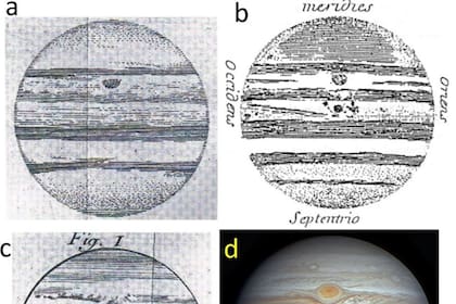 19/06/2024 Dibujos de la Mancha Permanente de Júpiter realizados por Cassini en el siglo XVII (a-c). A modo de comparación, (d) muestra la Gran Mancha Roja actual, tomada por Eric Sussenbach. POLITICA INVESTIGACIÓN Y TECNOLOGÍA AGU