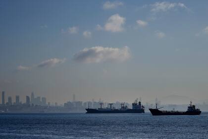 Barcos con carga anclados en el mar de Mármara esperan para cruzar el estrecho del Bósforo el martes 1 de noviembre de 2022 en Estambul, Turquía. (AP Foto/Khalil Hamra)