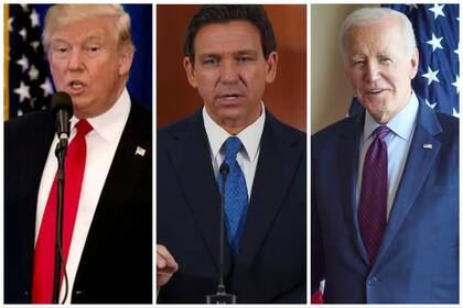 De izquierda a derecha: Donald Trump, Ron DeSantis y Joe Biden