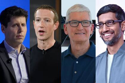Desde la izquierda: Sam Altman, el CEO de OpenAI; Mark Zuckerberg, el CEO de Meta; Tim Cook, el CEO de Apple; Sundar Pichai, el CEO de Google