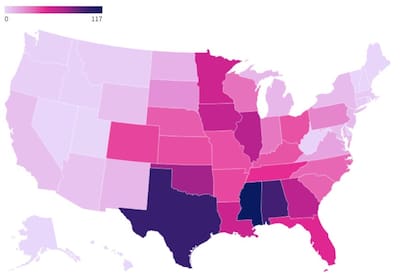 Así luce el mapa de EE.UU. con los estados con mayor promedio anual de tornados