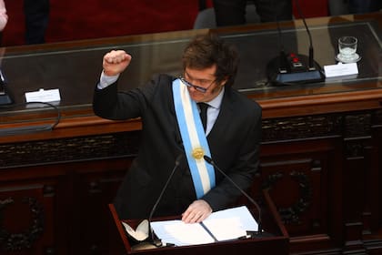 El presidente Javier Milei, en marzo, en el Congreso cuando reclamó por la Ley que ahora el parlamento aprobó