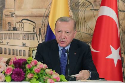 En esta fotografía proporcionada por la presidencia de Turquía, el presidente turco Recep Tayyip Erdogan habla durante una conferencia de prensa en Estambul, el viernes 20 de mayo de 2022. (Presidencia de Turquía vía AP)