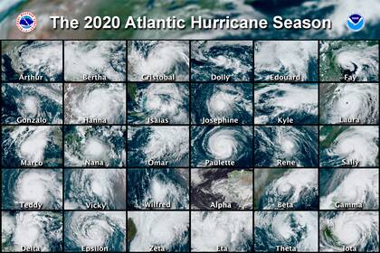 Esta combinación de imágenes satelitales proporcionada por el Centro Nacional de Huracanes muestra 30 de esos meteoros que se formaron durante la temporada de huracanes del Atlántico en 2020. (Centro Nacional de Huracanes de Estados Unidos vía AP, archivo)