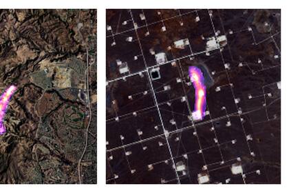 Esta combinación de imágenes satelitales provosta por la empresa de análisis de datos Kayrros muestra humareda de metano captadas por medio de sensores especiales colocados sobre fotos ópticas, que se alza de yacimientos de gas natural en el cañón Aliso, al norte de Los Ángeles, 26 de octubre de 2015, izquierda, y de la Cuenca Pérmica en Texas, 8 de noviembre de 2020. Un informe de la ONU difundido el jueves 6 de mayo de 2021 dice que la reducción rápida y drástica de las emisiones de metano, un gas de invernadero superpotente, es esencial para frenar y limitar el calentamiento global. 
(Kayrros via AP)