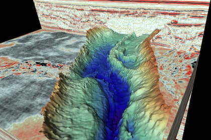 Imagen de cerca de un esker (un molde sedimentario de un canal de agua de deshielo formado debajo de una capa de hielo), descubierto dentro de un valle de túnel utilizando los nuevos datos de reflexión sísmica 3D