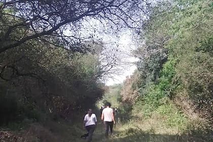 La imagen de la caminata al naranjal; según los testigos, Loan aparece en esa imagen entre los niños que caminan delante de dos mayores
