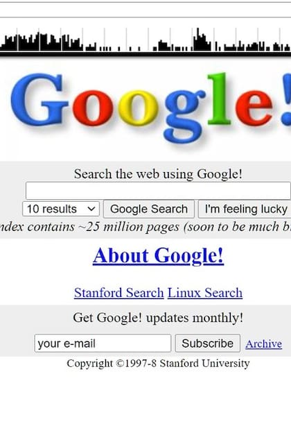 La imagen más antigua de Search guardada por el sitio Archive.org; es noviembre de 1998 y el buscador todavía está hospedado en Stanford. Indexa 25 millones de páginas, pero promete que pronto serán muchas más