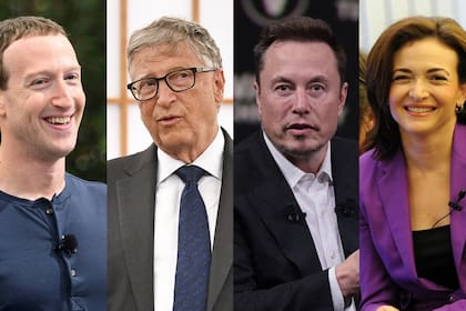 Mark Zuckerberg (Facebook); Bill Gates (Microsoft); Elon Musk (Tesla) y Sheryl Sandberg (Google y Meta) están entre los multimillonarios del mundo de la tecnología