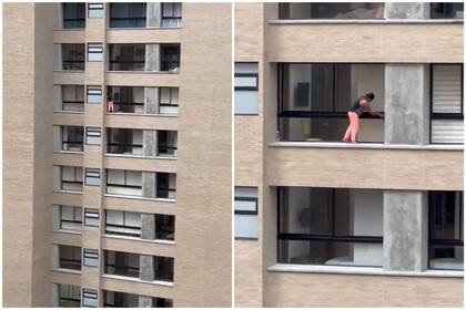 Mujer arriesga su vida limpiando ventanas en un piso 12 de Medellín