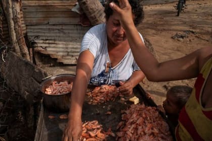 Una mujer limpiando los camarones capturados en el Lago de Maracaibo