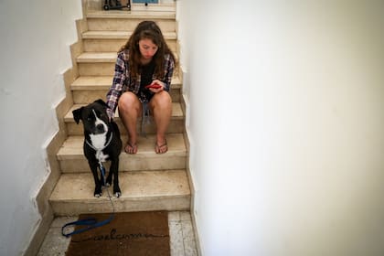 Una mujer y su perro esperan en las escaleras de su casa en Jerusalén luego de que sonaran sirenas de alerta roja por un misil desde Gaza