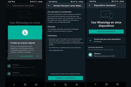 Una vista de las pantallas de activación de la función Multidispositivo de WhatsApp