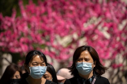 Unas personas portan unas mascarillas en un parque público de Beijing, el jueves 14 abril de 2022. (AP Foto/Mark Schiefelbein)