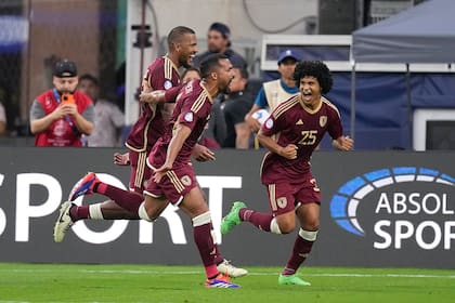 Venezuela's Salomon Rondon, left, celebrates with teammates after scoring on a penalty kick during a Copa America Group B soccer match Wednesday, June 26, 2024, in Inglewood, Calif. (AP Photo/Mark J. Terrill)